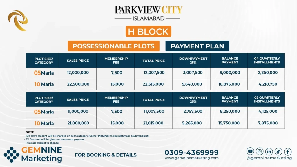 Park View City H Block Payment Plan